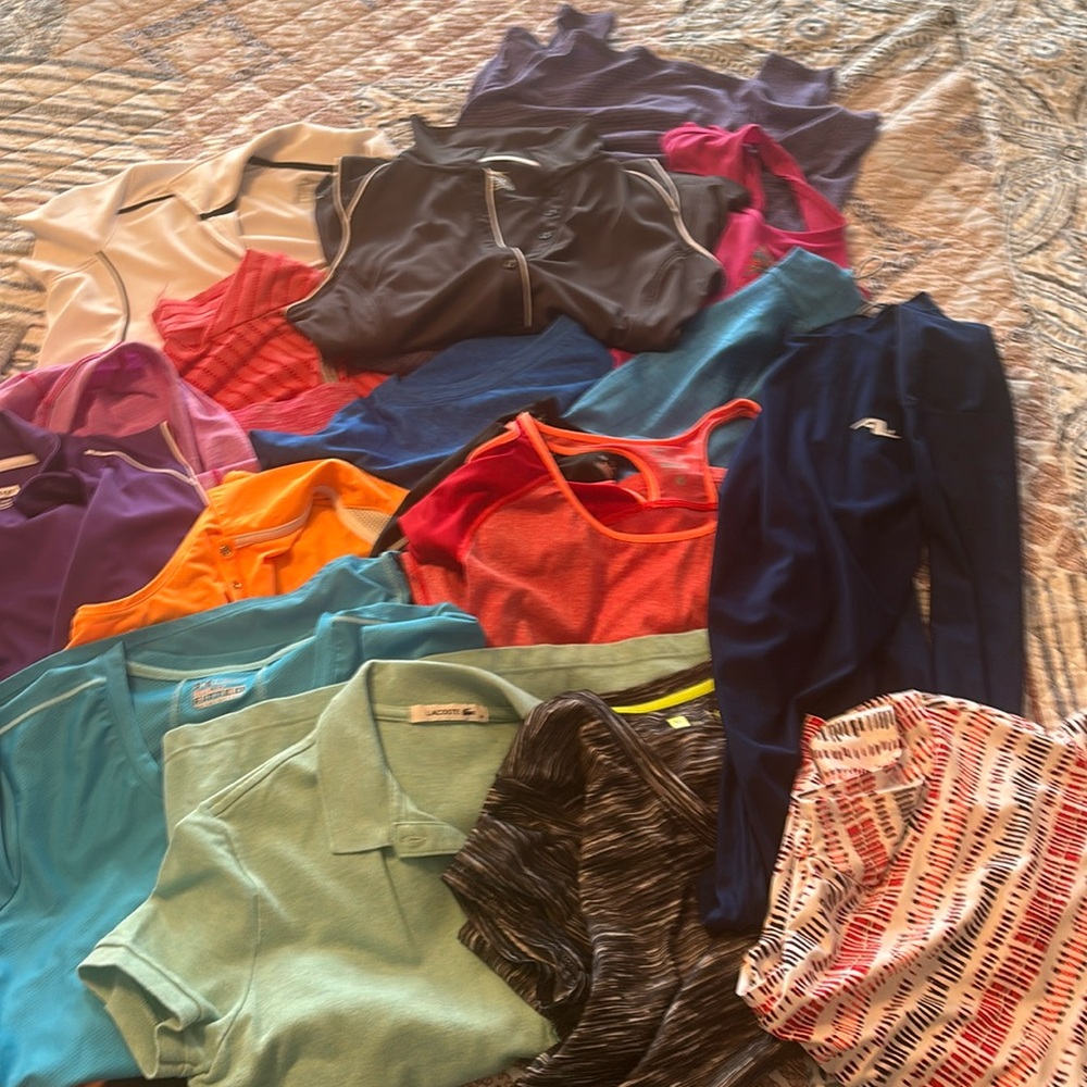 Golf and workout shirts sizes are small thru medium and selling all 16 as bulk